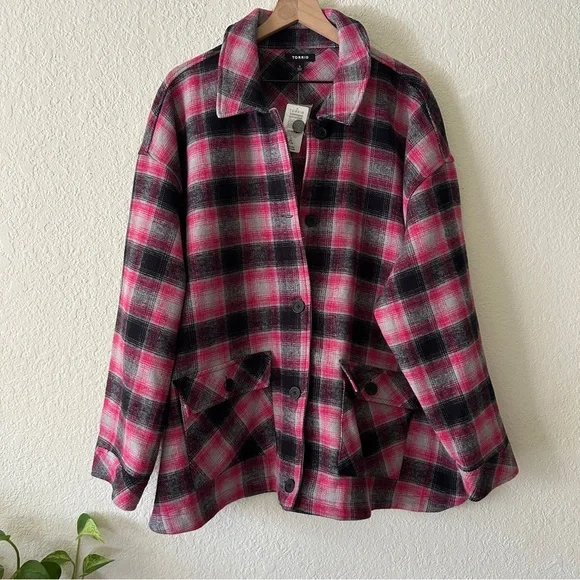 🌷Torrid Pink & Black Plaid Button-Up Shacket – Size 3X (24) - Picture 1 of 7